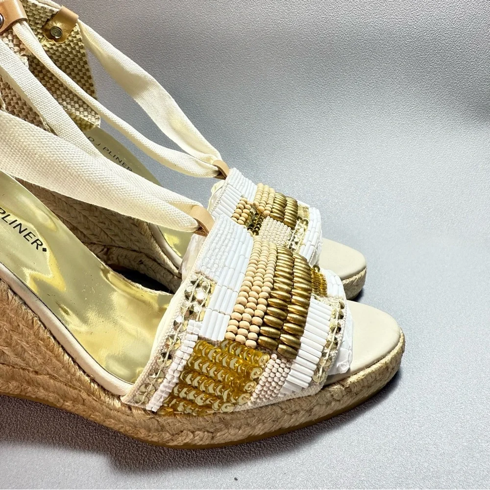 Donald J. Pliner New Elsa Cream and Gold Beaded Wedge Espadrille Sandles